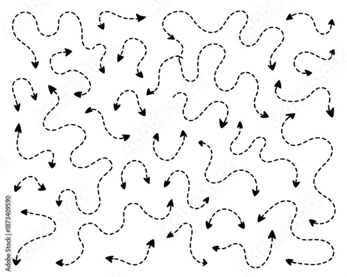 A complex pattern of arrows and dotted lines on a white background