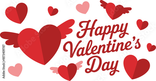 A festive Valentine's Day graphic with hearts and birds on a white background