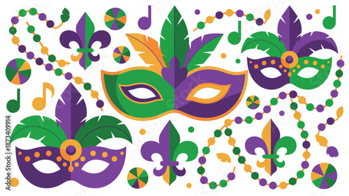 A colorful Mardi Gras illustration with masks, beads, and musical notes