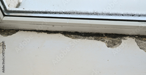 Fotografi Close-up of mold growth along window sill, showing clear moisture damage and surface discoloration