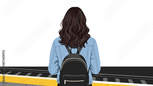 Person with dark curly hair and a backpack stands on a train platform, facing away and looking towards the tracks.