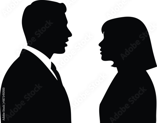 Minimalist silhouette vector profile of man in suit and woman with bob haircut facing each other side view on white background formal studio lighting high contrast