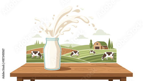 Exquisite milk splashing from a classic glass bottle on a sturdy wooden table, set against a picturesque dairy farm landscape with grazing cows.