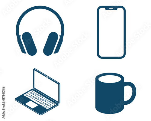 A collection of modern technology and office items including headphones, a smartphone, laptop, and coffee mug