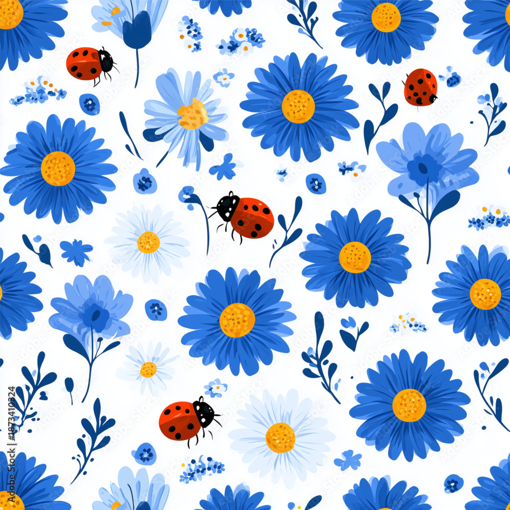 Obraz premium Blue flowers and ladybugs pattern design.