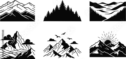 Minimalist vector badge mountain set featuring six black and white landscape silhouettes with sunrise pine forest valley and rugged peak compositions in flat design high contrast
