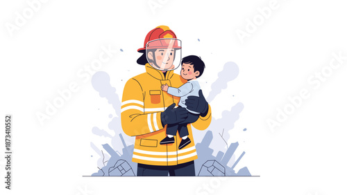 Heroic firefighter in protective uniform holding a child securely amidst a destroyed city landscape, representing courage and rescue during disaster.