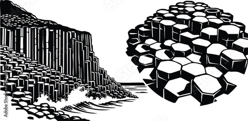Woodcut style aerial view of giants causeway basalt columns close up geological hexagonal pillars on rocky coast with waves and high contrast line art black silhouette
