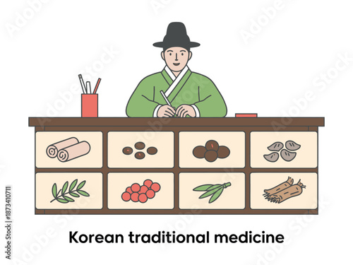 A cartoon illustration of a Korean traditional medicine practitioner sitting behind a counter with various herbs and ingredients on display