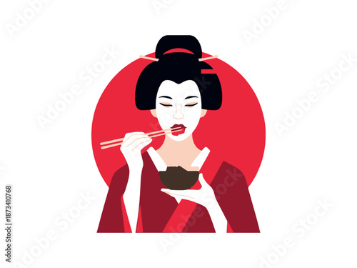 A geisha eating with chopsticks in front of a red circle