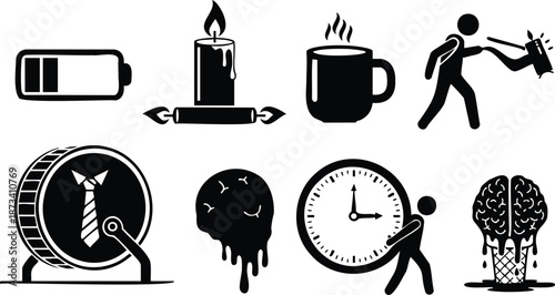 Vector art minimalist icons showing low battery candle cup coffee sleepy figure hitting alarm clock melting brain pushing clock wheel with tie coin office stress symbol