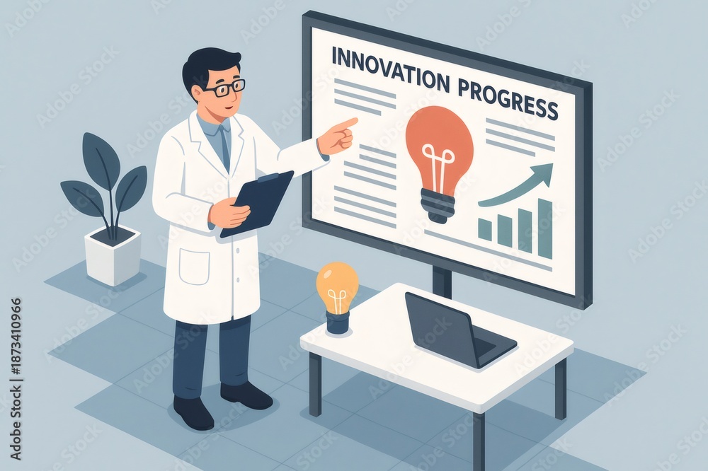 Fototapeta premium Scientist presenting innovation progress on a large screen with a lightbulb and bar chart, representing new ideas and growth
