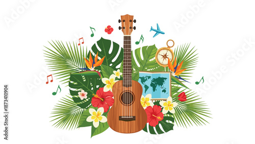 Colorful ukulele surrounded by travel elements like a map, compass, and airplane, set amidst vibrant tropical flowers and lush leaves.