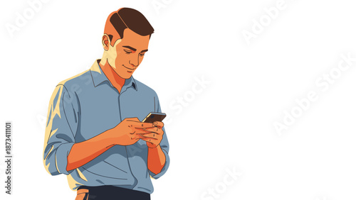 Young man in a blue shirt engrossed in his smartphone, bathed in warm sunlight, representing modern communication and mobile technology use.