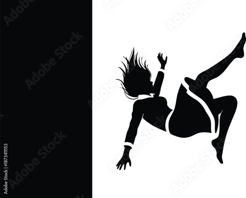 Silhouette vector midair falling woman wearing dress hair flying side view beside tall black rectangle negative space high contrast isolated on white background dynamic motion