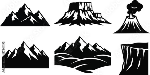 Woodcut style six mountain icons showing snow peaks plateau volcano cliff valley in bold high contrast black silhouette vector artwork for outdoor branding logo emblem badge