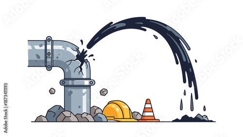 Damaged pipe with a severe crack, actively leaking black liquid, accompanied by a construction helmet and cone, indicating an industrial spill and emergency.