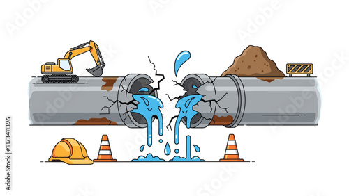 Significant damage to an underground pipe, leaking blue liquid, with an excavator and construction elements, illustrating infrastructure repair and water loss.