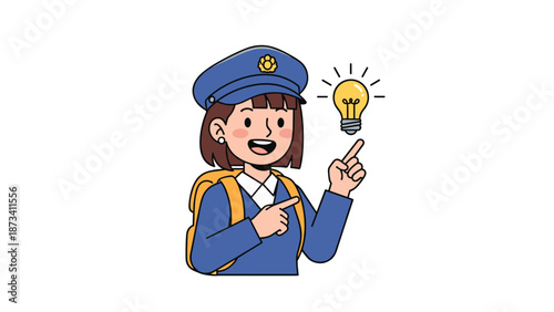 Cheerful woman postman in uniform pointing at a bright glowing light bulb, symbolizing a new idea or inspiration.