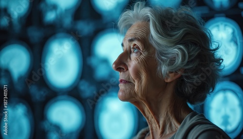 Elderly woman looks at brain scans indicating cognitive decline. She faces Alzheimer disease, a condition impacting memory and daily life. Research on brain health is vital.
