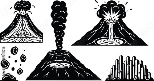 Line art volcanic eruption icons set showing multiple crater angles lava plume smoke exploding rocks close up basalt columns black and white illustration