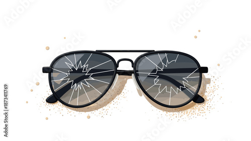 Broken aviator sunglasses with shattered lenses lie on a sandy surface, symbolizing damage, loss, or eye protection failure.
