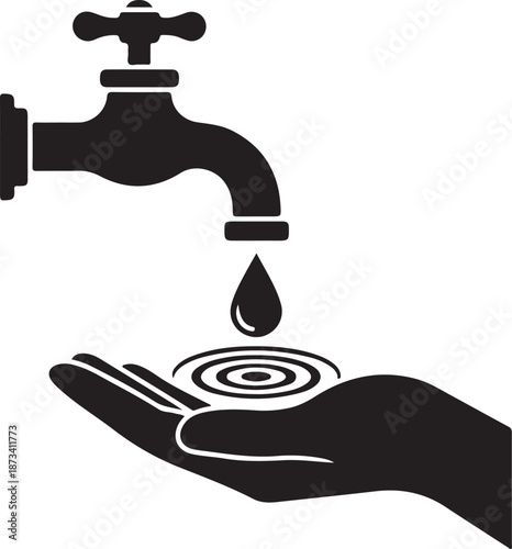 Water conservation concept showing a faucet dripping into an open hand