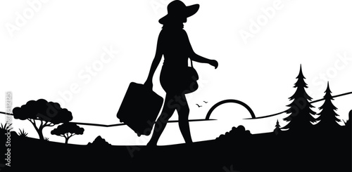 Silhouette vector side view woman walking with suitcase wearing wide brim hat carrying shoulder bag low angle horizon sun setting pine trees evening calm mood backlit