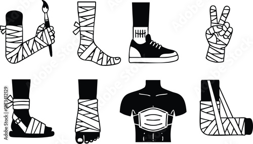 Minimalist vector line art set of bandaged limbs and protective mask close up top view varied angles medical injury icons monochrome clinical illustration flat graphic symbols