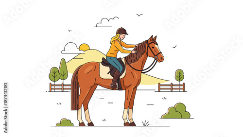 Woman in riding gear on a brown horse in a scenic outdoor setting, depicting equestrian sport, leisure, and rural life.