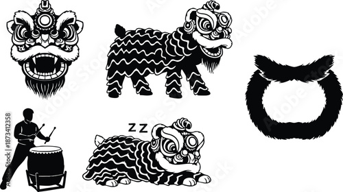 Line art vector chinese lion dance close up head and full body poses sleeping playful percussion drummer silhouette black and white ornamental traditional costume festival celebration