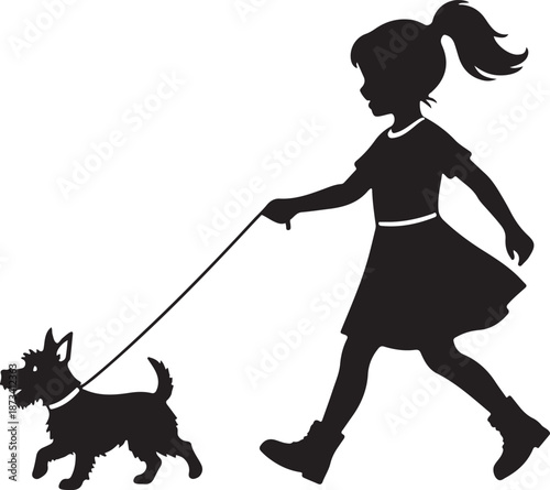 A young girl takes her faithful terrier dog for a daily walk on a leash