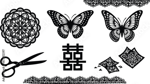 Papercut vector flat design close up double happiness character with decorative mandala butterflies scissors lace borders isolated on white background delicate craft ornamental silhouette 