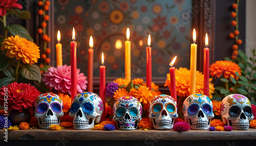 Colorful sugar skulls with candles and flowers on altar
