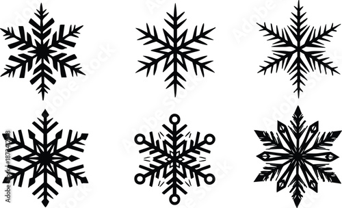 Wallpaper Mural Flat vector snowflake icon set six black geometric snowflakes arranged in two rows three above three below on white background winter minimalist bold line decorative emblem Torontodigital.ca