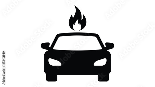 Burning car icon a stark black silhouette depicting vehicle fire and danger