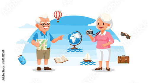 Senior couple on vacation with travel-related items floating around, symbolizing retirement, travel, and global exploration.