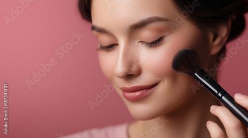 Beautiful faceless woman applying makeup with brush on pink background cosmetic routine stock photo beauty application facial enhancement makeup artistry defocused background