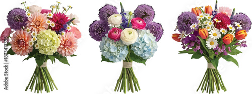 A collection of three vibrant and colorful flower bouquets featuring diverse blooms on a black background