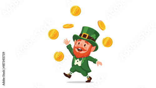 Charming cartoon illustration of a happy leprechaun in a green suit and hat, joyfully juggling golden coins.