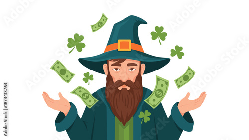 Mystical illustration of a bearded wizard in a blue hat and robe, surrounded by falling money and green shamrocks, symbolizing prosperity.