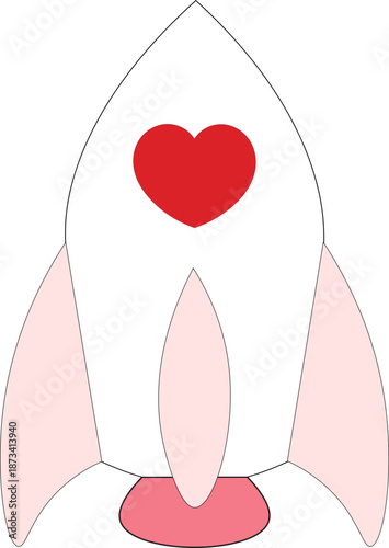 Cute cartoon rocket ship with heart detail in soft pink and red tones. Perfect for Valentine’s Day space designs, kids graphics, stickers, cards, and playful illustrations.