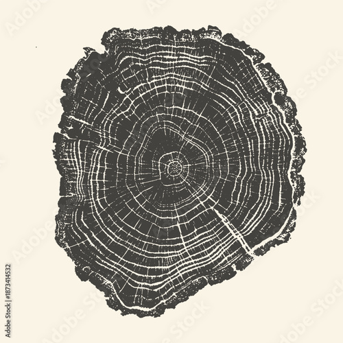 Rustic Woodcut Tree Ring Cross Section Illustration. Vintage Growth Rings Pattern for Nature and Environmental Concepts.