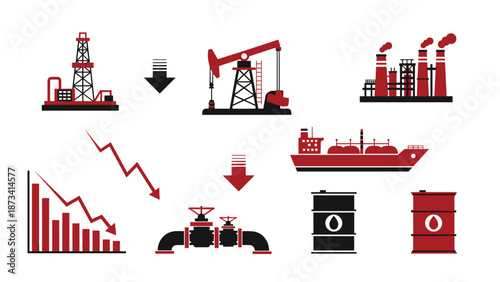 Comprehensive collection of oil and gas industry icons, paired with downward trends and arrows, illustrating a decline in energy markets.