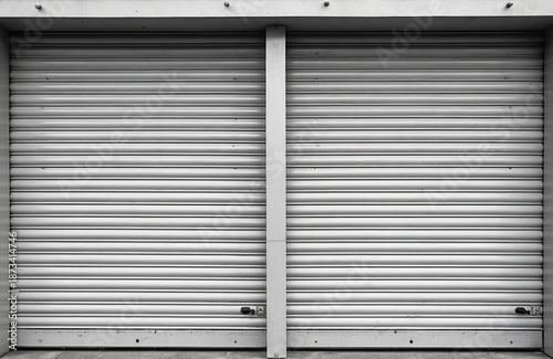 Metal shuttered doors in closed position. Silver horizontal striped roller shutter. Abstract industrial building facade. Security metal construction architecture. Modern urban warehouse.