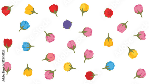 Whimsical pattern of scattered colorful flower buds in red, yellow, blue, and pink, creating a cheerful and vibrant background.