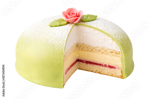 swedish princess cake prinsesstårta with green marzipan dome and pink rose showing layered sponge custard whipped cream and raspberry jam isolated on transparent background