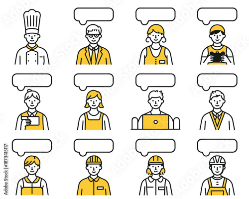 A diverse group of professionals and workers with speech bubbles, representing communication and teamwork in various industries.