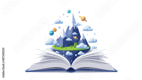 Magical open book from which an island landscape with mountains, trees, clouds, and planets gracefully rises, representing stories coming to life.