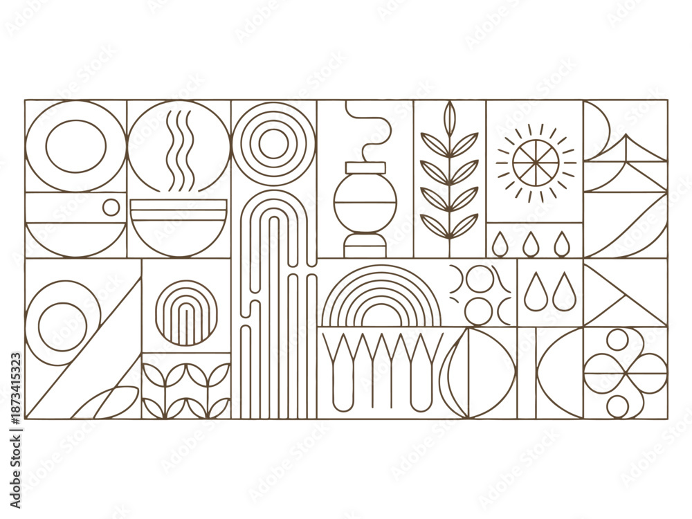 Obraz premium A modern abstract art piece featuring various geometric shapes and line designs on a white background